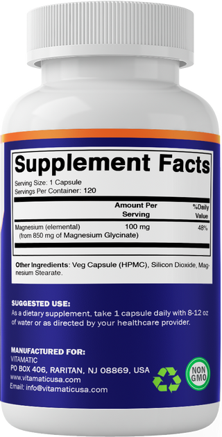 Vitamatic Magnesium Glycinate 850 mg (High Potency)–120 Caps