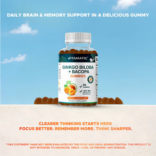 Vitamatic Ginkgo Biloba+Bacopa Gummies–1250 mg Peach Flavor