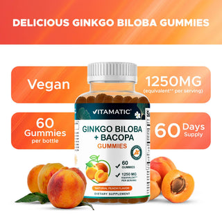 Vitamatic Ginkgo Biloba+Bacopa Gummies–1250 mg Peach Flavor