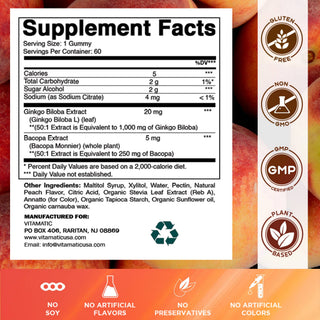 Vitamatic Ginkgo Biloba+Bacopa Gummies–1250 mg Peach Flavor